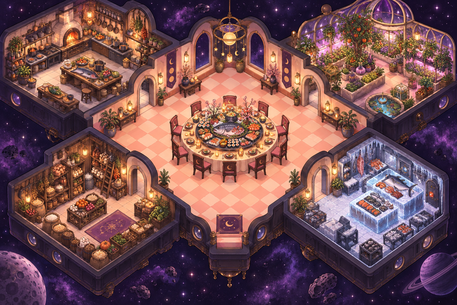 An illustrated cosmic restaurant with a kitchen, greenhouse, pantry and freezer